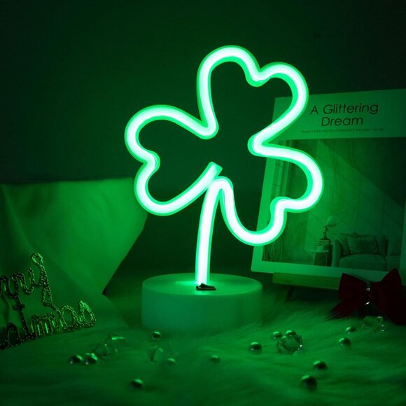 LED Neon Signs Lights Green Clover Shaped Neon Night Light USB & Battery Powered - Picture 3 of 9